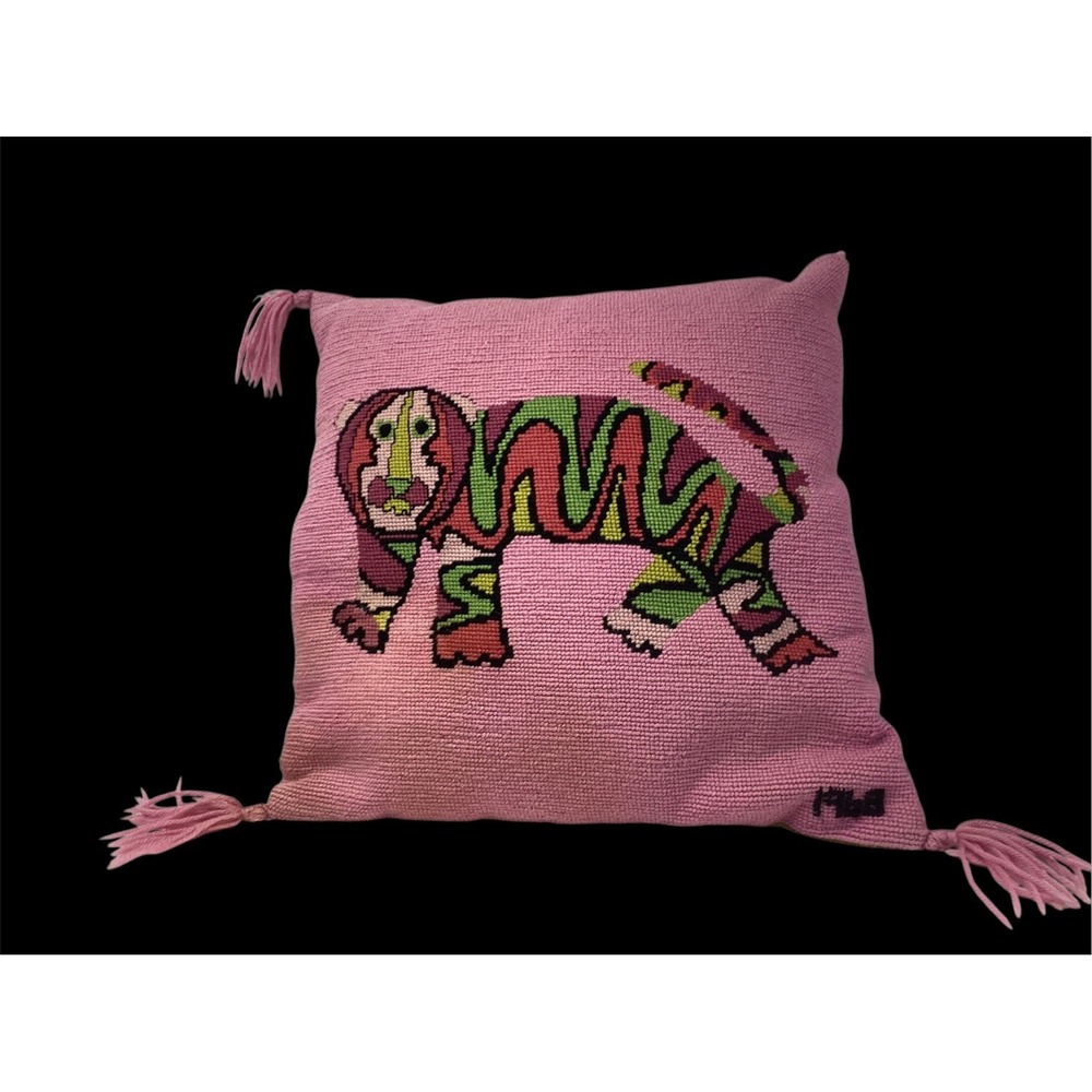 Vtg MCM Pink Wool Feather Needlepoint Throw Pillow  16x16 Stylized Tiger  1968